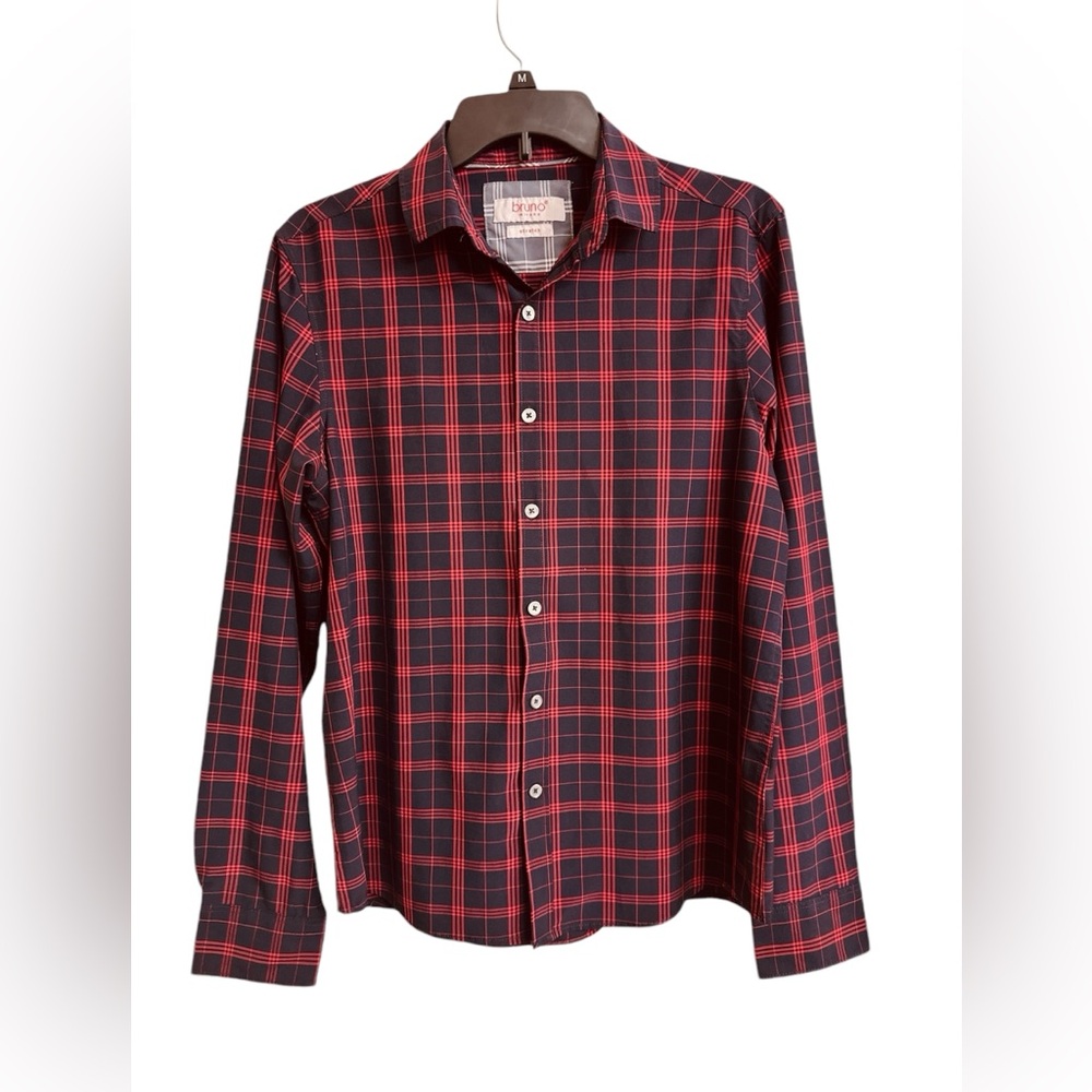Bruno Milano Men’s  Red Black Plaid Button Down Long Sleeve Shirt Size Small